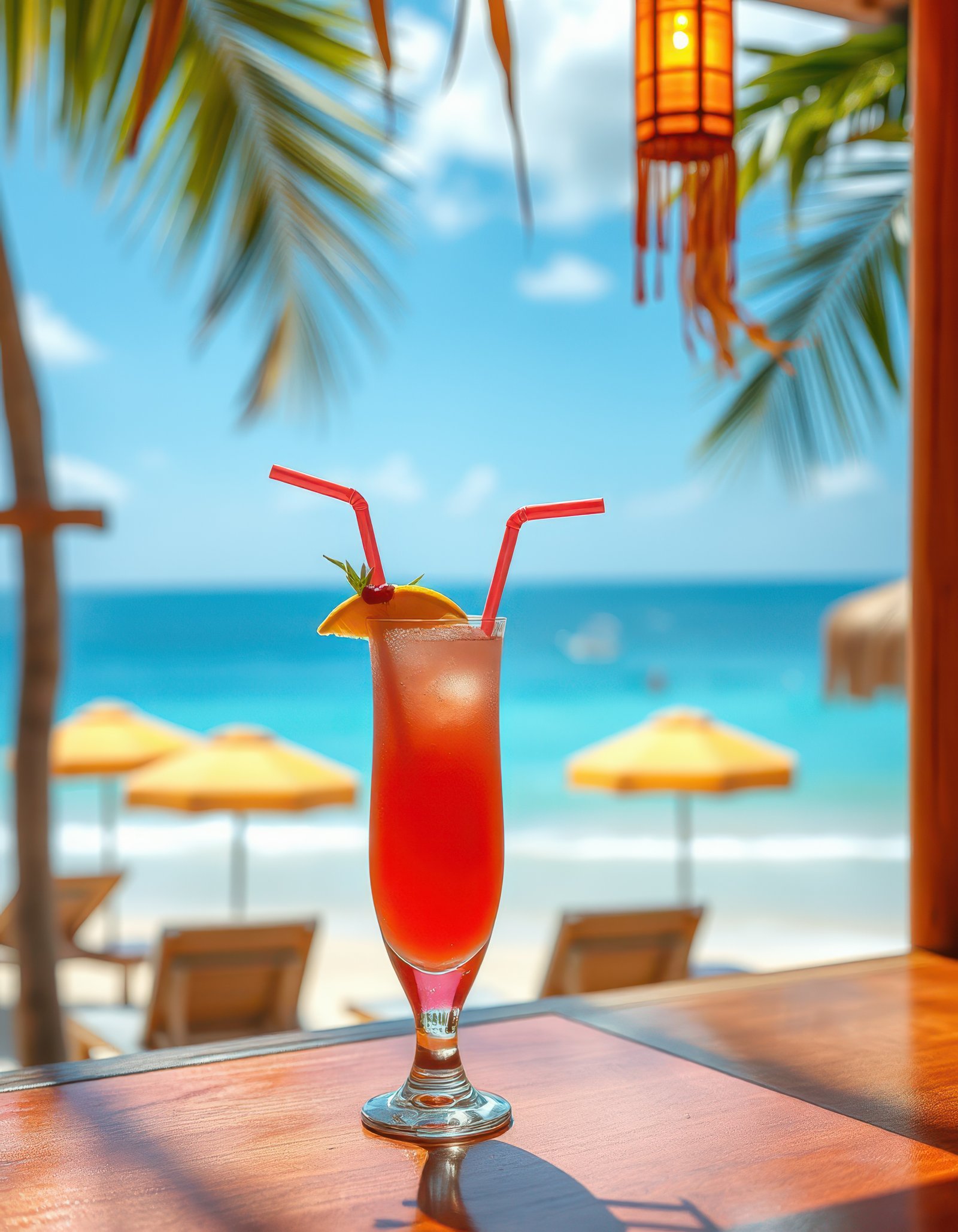 Refreshing tropical drink on a sunny beach near a vibrant ocean with sun loungers in the background